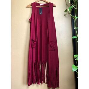 Beyove Burgundy Fringe Long Vest with Pockets – NWT Size M